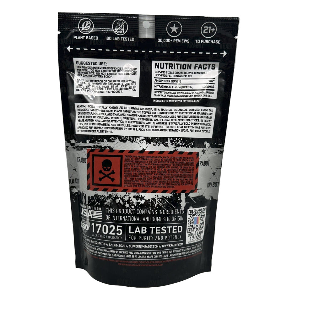 Black and white product packaging with red warning label on a gray background
