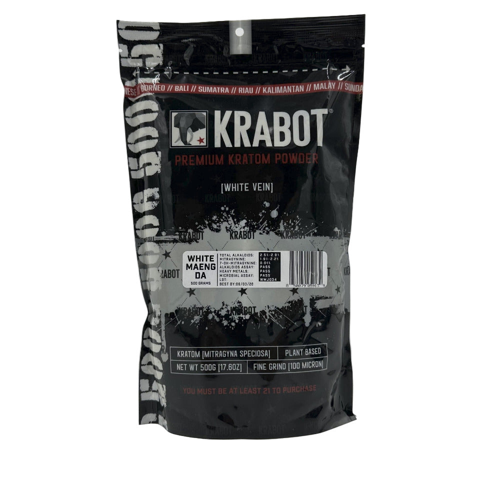 Krabot premium kratom powder packaging on a gray background