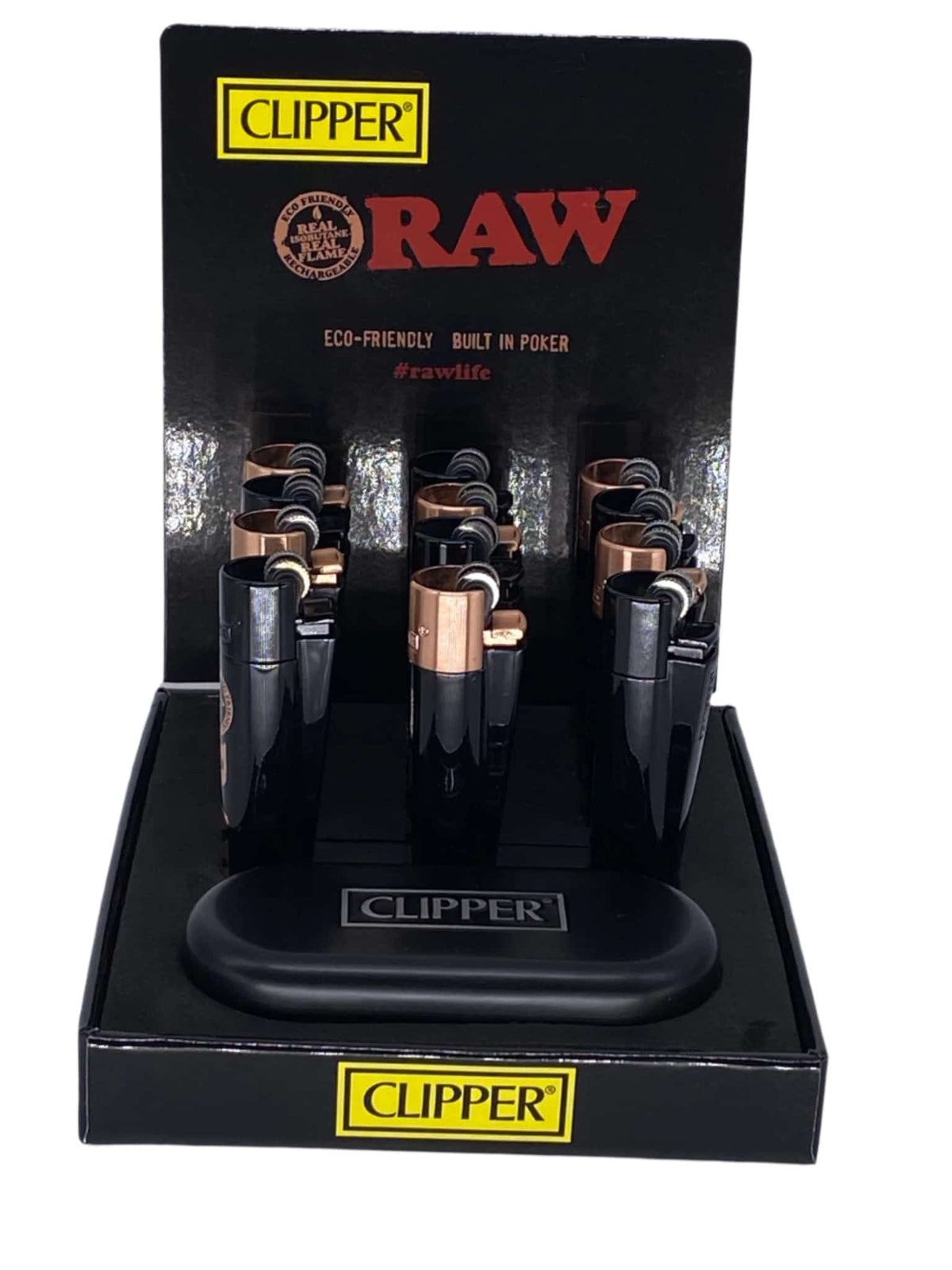 CLIPPER METAL BLACK & ROSE GOLD RAW LOGO LIGHTERS 12 CT DISPLAY - Smoke Shop Wholesale. Done Right.