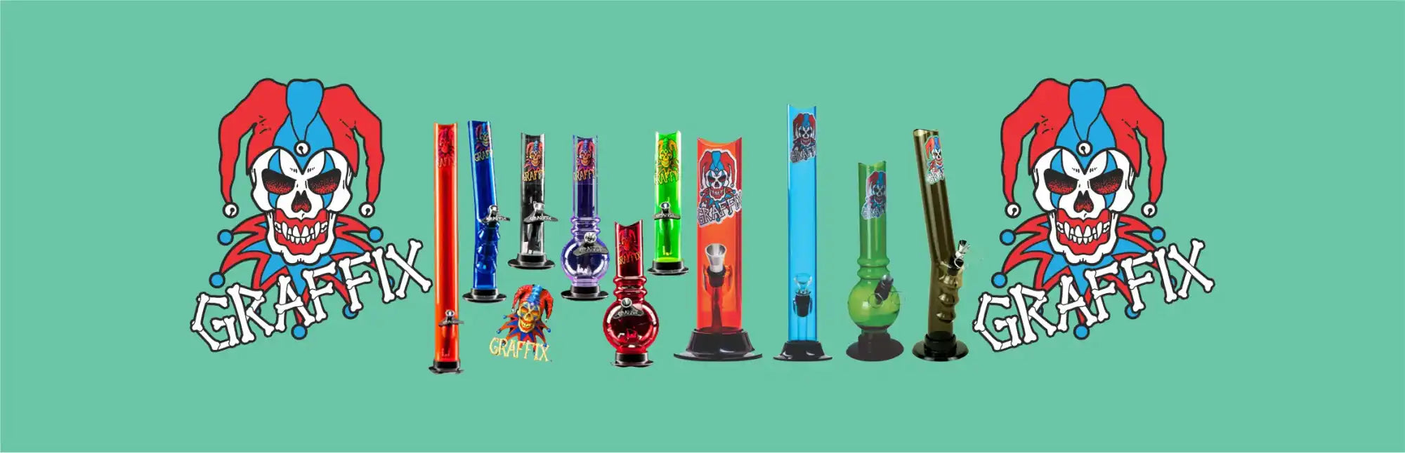 Collection of colorful bongs.