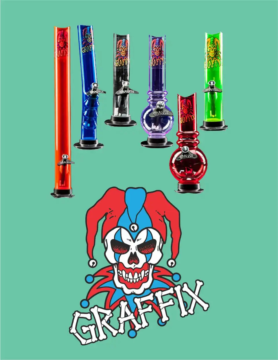 Colorful bongs with a skull logo.