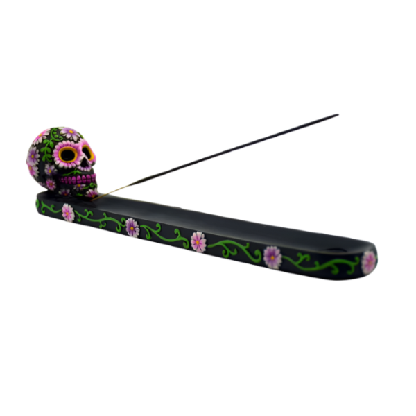 Sugar skull board incense burner with pink flowers