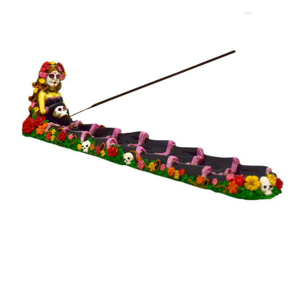 Day of the dead incense burner woman with skulls and flowers