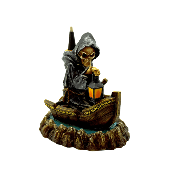 Skeleton reaper with lamp in boat backflow incense burner