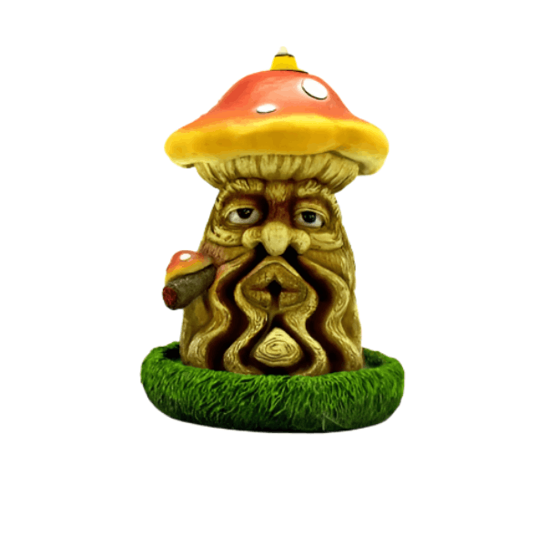 Mushroom man smoking backflow incense burner with grass and glazed eyes