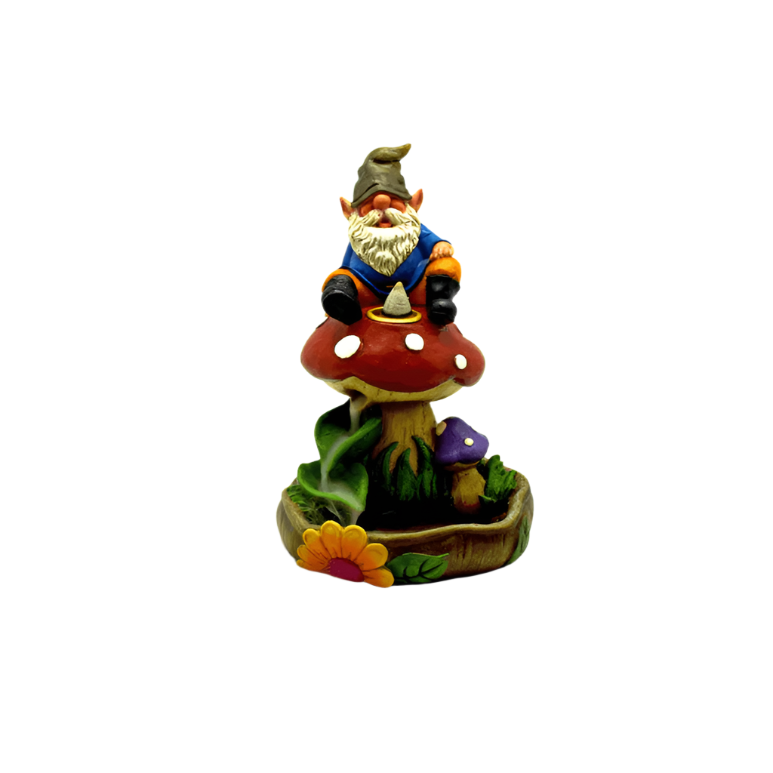 gnome sitting on amanita muscaria mushroom backflow incense burner