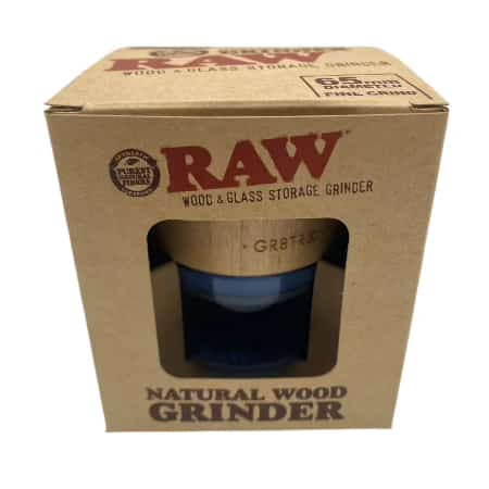 RAW BIRCH TOP WOOD & GLASS STORAGE GRINDER W/ BLUE GLASS - Smoke Shop Wholesale. Done Right.