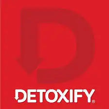 Red detoxify logo with large white lettering and a downward arrow design.