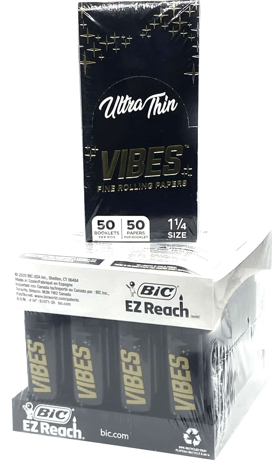 VIBES Black EZ Reach Bic 40ct Lighters w/ Free VIBES Ultra Thin 1 1/4 Box 50 Leaves Per Booklet / 50 Booklets Per Box - Smoke Shop