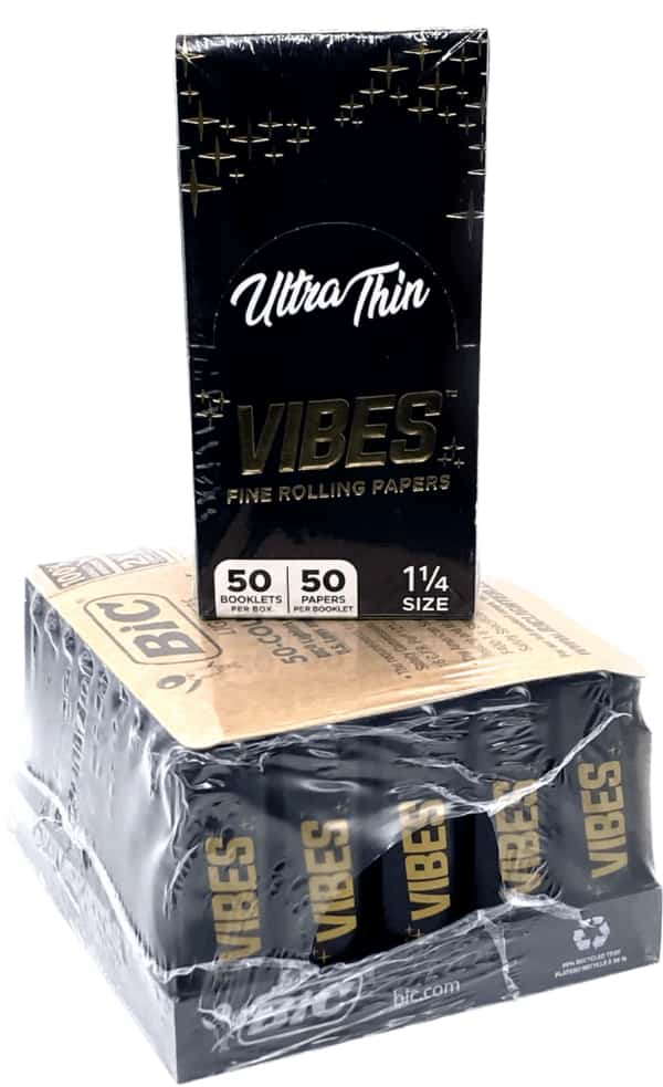 VIBES Blk on Blk Bic 50ct Lighters w/ Free VIBES Ultra Thin 1 1/4 Box 50 Leaves Per Booklet / 50 Booklets Per Box - Smoke Shop Wholesale.