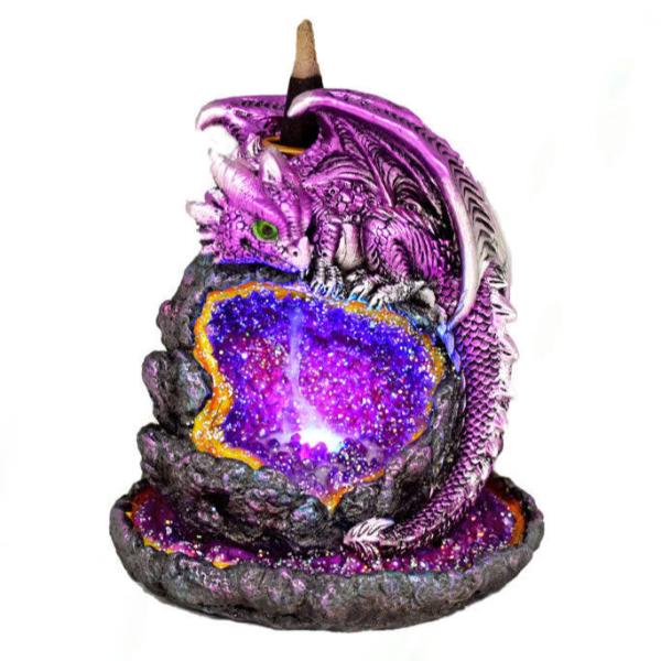 Purple pink baby dragon on pink and purple open crystal geode backflow incense burner