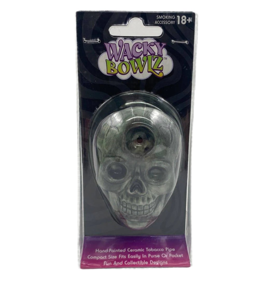 Wacky Bowlz Ceramic Skull hand pipe blister package