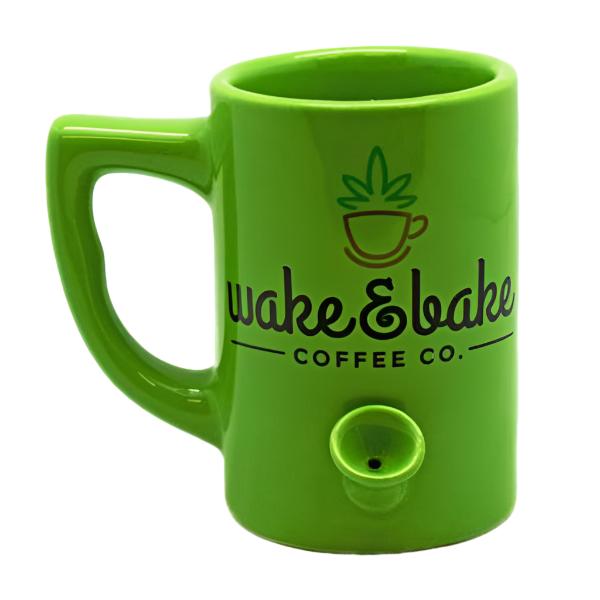 Green ceramic coffee mug pipe with wake & bake coffee co and logo