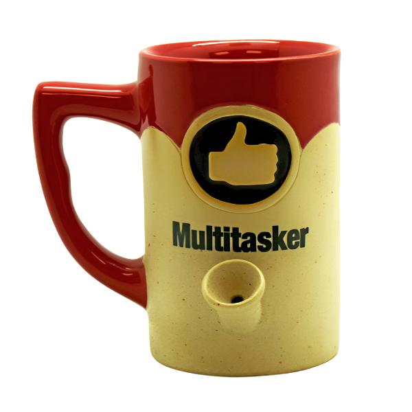 Multi tasker ceramic mug pipe with brown and red glaze and thumbs up