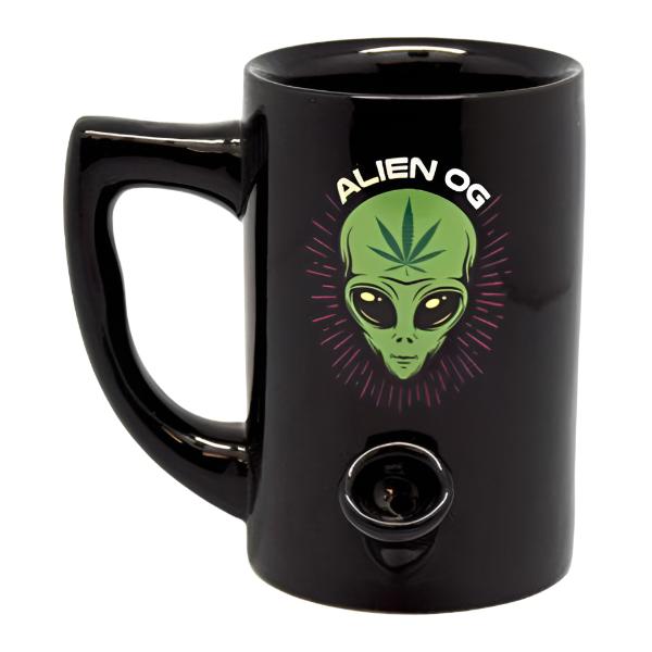 Black ceramic coffee mug pipe with alien face and Alien OG words