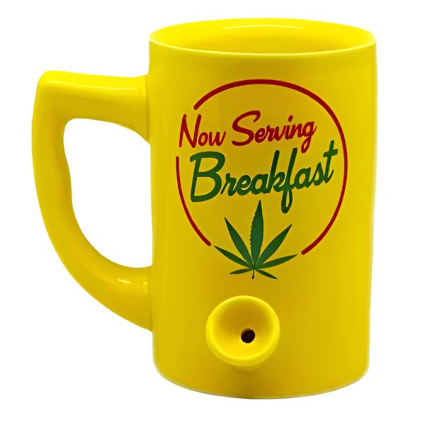 Yellow coffee mug pipe Now Serving Breakfast