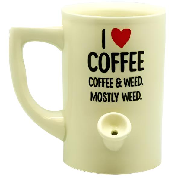 White coffee mug hand pipe with I heart coffee coffee weed mostly weed