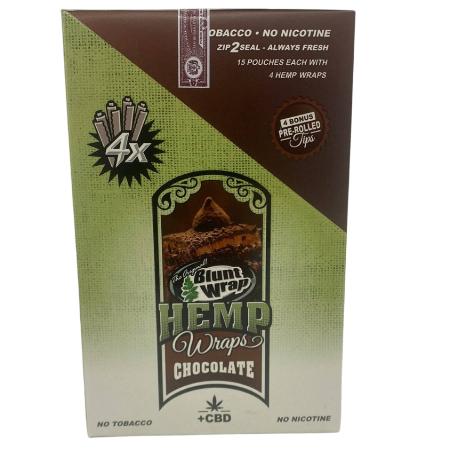 BLUNT WRAP HEMP WRAP CHOCOLATE W/ TIP & CBD 15 CT BOX 4 WRAPS PER PK