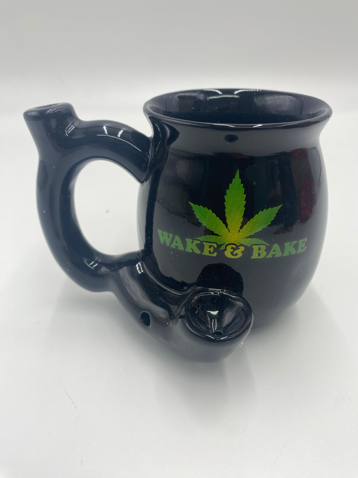 BLACK WAKE & BAKE CERAMIC COFFEE MUG PIPE WITH LEAF