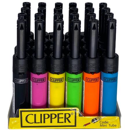 CLIPPER FLUORESCENT TUBE LIGHTERS W/ SOLID BLACK TOPS 24 CT DISPLAY