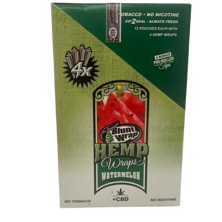 BLUNT WRAP HEMP WRAP WATERMELON W/ TIP & CBD 15 CT BOX 4 WRAPS PER PK