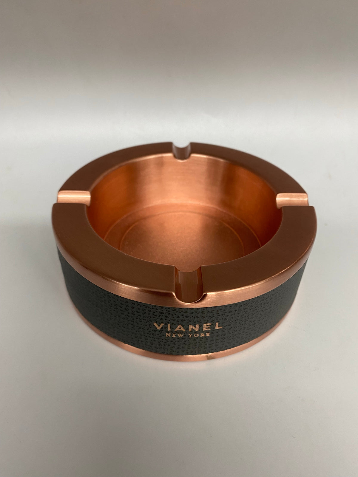 VIANEL ROSE GOLD COLORED ASHTRAY W/ GREY CALFSKIN WRAP *** CLOSEOUT***